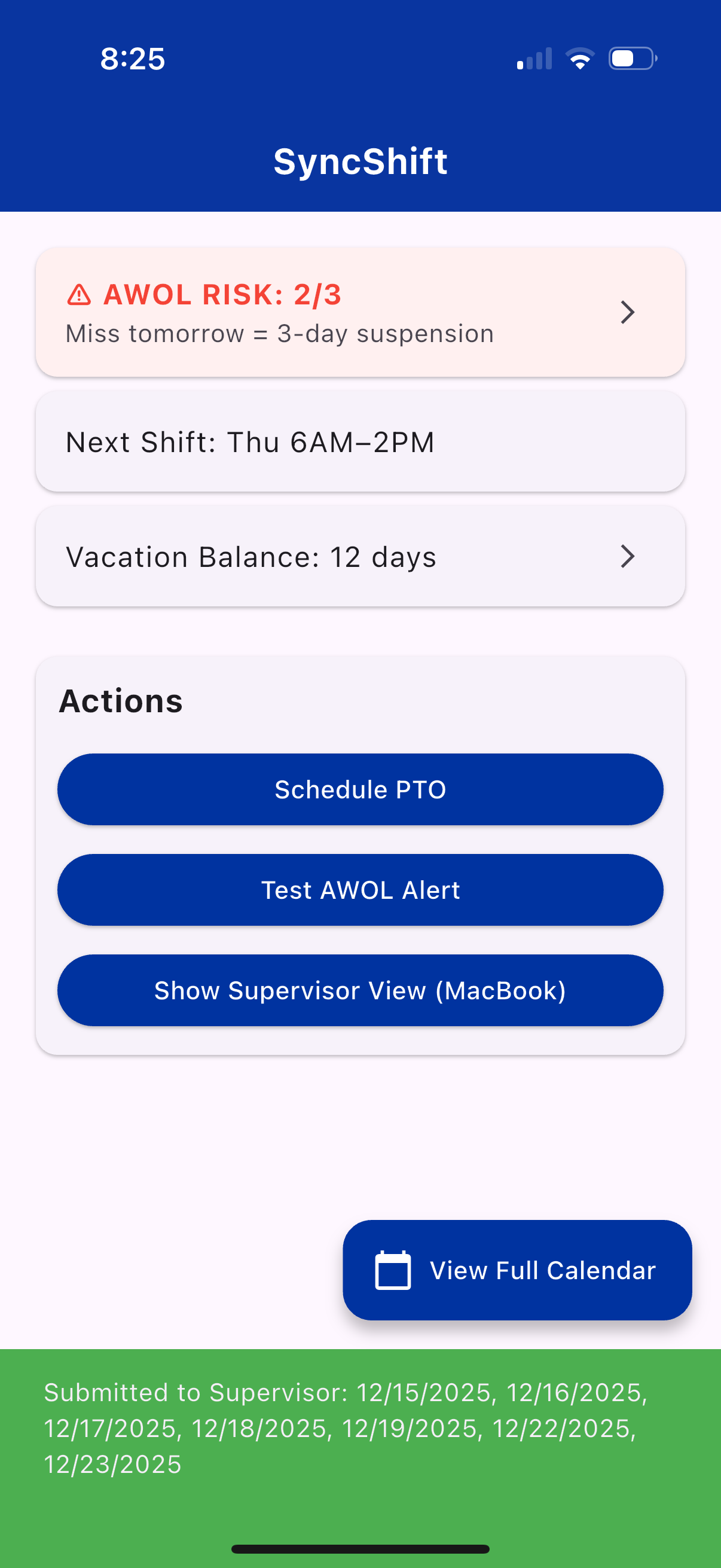 ShiftSync Selected Days